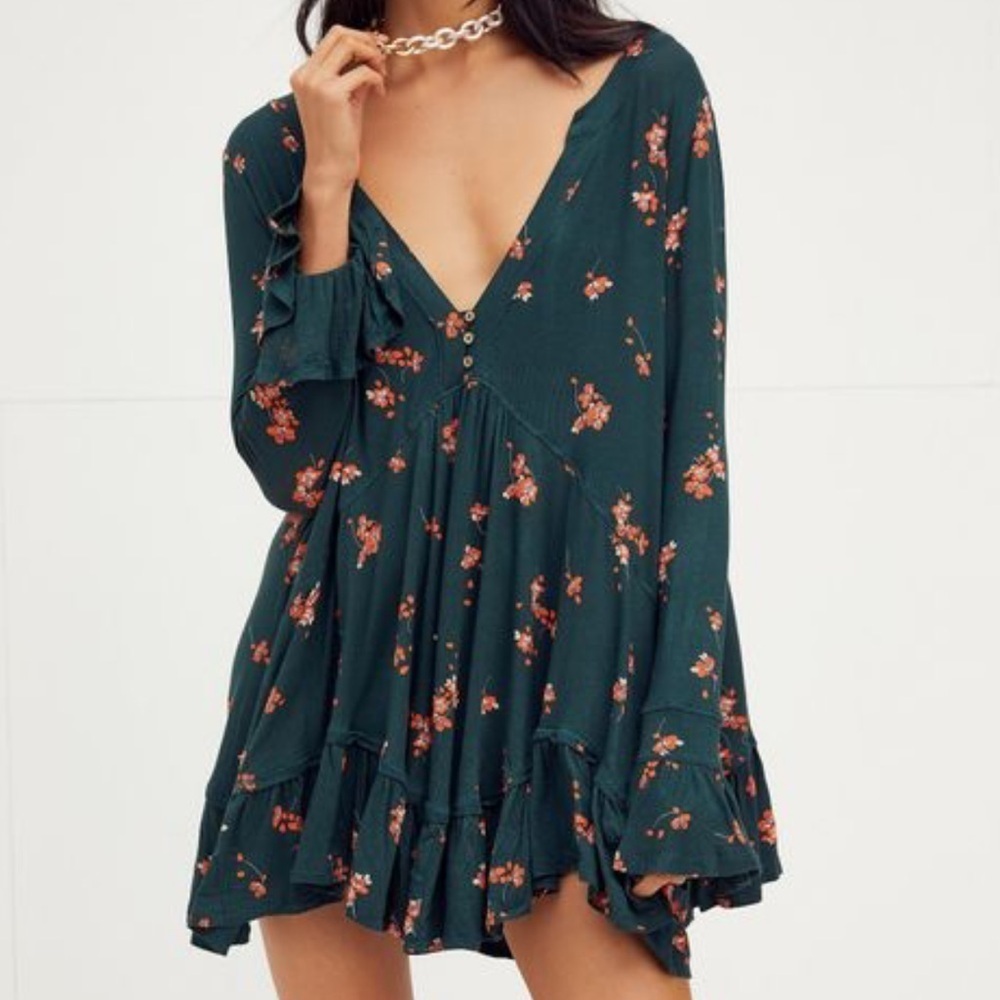 Free People Olivia Print Tunic Size S Mini Dress Long Sleeve Slinky Floral Top